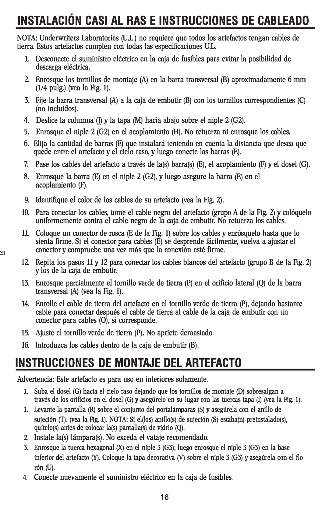 Westinghouse 120112 owner manual Instrucciones De Montaje Del Artefacto 